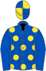 Royal blue, yellow spots, blue sleeves, quartered cap