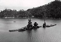 Bombed out wreck of Hyuga sunk in shallow waters of Hiroshima Bay, 1945