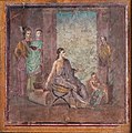 Image 46Female painter sitting on a campstool and painting a statue of Dionysus or Priapus onto a panel which is held by a boy. Fresco from Pompeii, 1st century (from Painting)