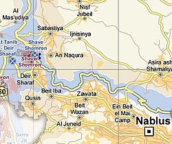 Sabastiya in the 2018 OCHA OpT map; the archeological site of Samaria is located immediately east of the built up area
