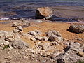 Roter Sandstrand mit Felsen