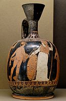 Athena bearing an olive branch as a pattern on her shield. Ancient Greek Attic red-figure lekythos, ca. 400 BC, from Athens