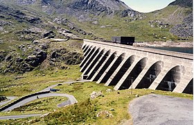 The upper reservoir and dam of the Ffestiniog Pumped Storage Scheme in Wales. The lower power station can generate 360 MW of electricity.
