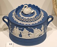 Sugar bowl and cover, William Adams & Sons Ltd, Tunstall and Stoke, Staffordshire, 1787-1805, blue jasperware with applied white reliefs