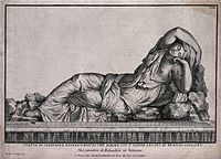 The suicide of Cleopatra: the asp is wriggling up the left arm of the sleeping Cleopatra (after the Sleeping Ariadne), engraving by Jean-Baptiste de Poilly (1669–1728)