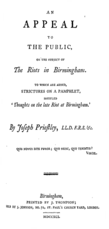Title reads: "An Appeal to the Public, on the Subject of The Riots in Birmingham. To which are Added, Strictures on a Pamphlet, intitled 'Thoughts on the late Riot at Birmingham.' By Joseph Priestley"