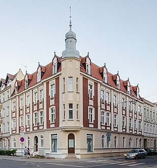 View of the building from street crossing