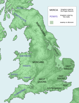 Map of the island of Great Britain. At the far north are the Picts, then below them Strathclyde and Northumbria. In the middle western section are Gwynedd, Powys, Dyfedd, and Gwent. Along the southern shore are Dumnonia, the West and South Saxons, and Kent, running from west to east. In the centre of the island is Mercia. Along the eastern central coast are the East Angles and Lindsey.