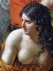 Painting of a woman, fallen forward, with her breasts exposed.