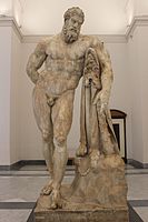The Farnese Hercules, probably an enlarged copy made in the early 3rd century AD and signed by a certain Glykon, from an original by Lysippos (or one of his circle) that would have been made in the 4th century BC; the copy was made for the Baths of Caracalla in Rome (dedicated in 216 AD), where it was recovered in 1546