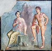 Io wearing bovine horns watched over by Argos on Hera's orders, antique fresco from Pompeii