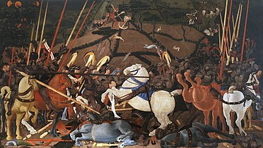 Niccolò Mauruzi da Tolentino unseats Bernardino della Carda[10] at the Battle of San Romano (dating uncertain, c. 1435–1455), tempera on wood, 182 × 320 cm, Galleria degli Uffizi, Florence