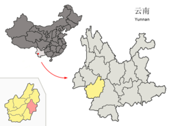 Location of Linxiang District (pink) and Lincang Prefecture (yellow) within Yunnan province of China