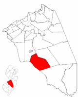 Shamong Township highlighted in Burlington County. Inset map: Burlington County highlighted in the State of New Jersey.
