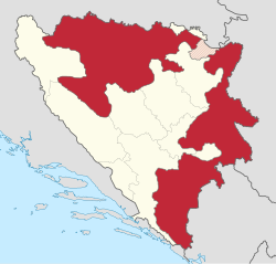 Red indicates the location of Republika Srpska within Bosnia and Herzegovina. Pink is Brčko District.