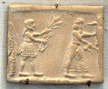 Sumerian cylinder seal impression dating to c. 3200 BC showing an ensi and his acolyte feeding a sacred herd wheat stalks; Ninurta was an agricultural deity and, in a poem known as the "Sumerian Georgica", he offers detailed advice on farming
