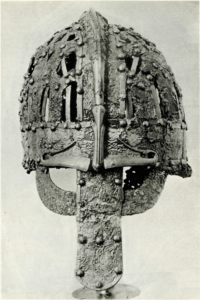 Black and white photograph of the Valsgärde 6 helmet