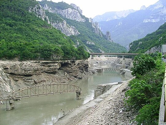 After - the Neretva canyon flooded by Grabovica Lake (waters discharged) behind the Grabovica Dam.