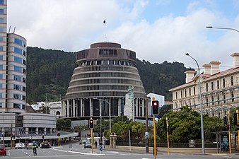 Beehive viewed from the south, with Bowen House to the left and Old Government Buildings, right