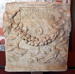 Roman bucrania on an urn with funerary inscription, 2nd-3rd century, probably marble, Villa Corsini a Castello, near Florence, Italy