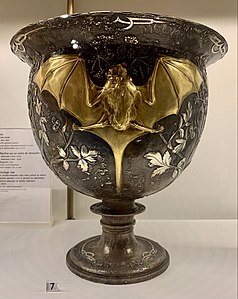 Bat goblet by Henri Husson made of embossed and hammered copper, gold and silver applications (c. 1909)