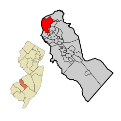 Location of Camden in Camden County highlighted in red (right). Inset map: Location of Camden County in New Jersey highlighted in orange (left).