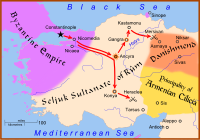 A map of western Anatolia, showing the routes taken by Christian armies during the crusade of 1101