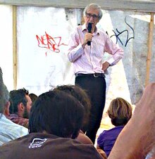 Fleming giving a talk in a tent at the 2009 Climate Camp protest in Blackheath, London, UK.