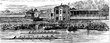 An engraving of two rowboats in a river with a crowd around them.