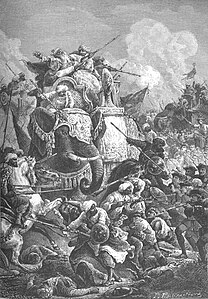 Death of the Nawab Anwaruddin Mohammed Khan in a battle (battle of Ambur) against the French in 1749 (by Paul Philippoteaux).