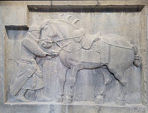 One of the reliefs, very likely after a drawing by Yan Liben, at the Penn Museum. Here a general removes an arrow from the horse Saluzi ("Autumn Dew")[2]