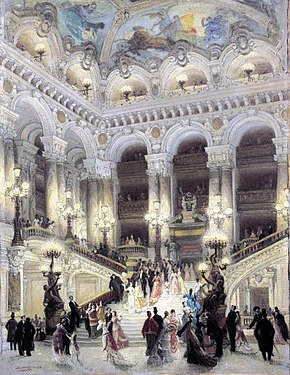 The grand stairway of the Paris Opera, designed by Charles Garnier, in the style he called simply "Napoleon III"