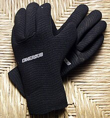 A pair of neoprene wetsuit gloves