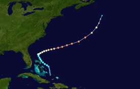 Map of the western Atlantic Ocean depicting the track of Hurricane Humberto.