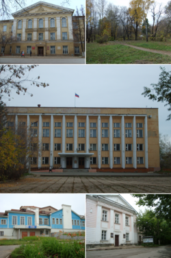 Left to right, top to bottom: Kudymkar Town Administration building, Park of Culture and Leisure; Ministry of Komi-Permyak Okrug Affairs; Komi-Permyak Okrug Theater of Drama, Komi-Permyak Museum of local lore