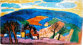Niederösterreichisches Dorf mit blauem Hügel, 1970–74