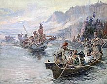 Painting of Lewis and Clark navigating the lkower Columbia River by canoe in 1905