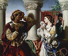 A black man wearing a turban clutches his head, and a white woman holds a handkerchief. There is a second woman hiding behind a column.