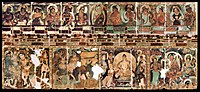 Left wall of the main cella ("2" on the plan), showing the events of the early life of the Buddha, and celestial devatas above.[85]