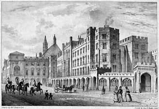 Parliament before the 1834 fire that destroyed most of its mediaeval buildings,[1] with Old Palace Yard in the foreground[2]