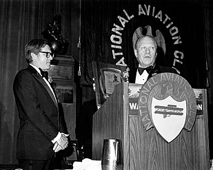 1973 Collier Trophy VP Ford congratulates NASA Skylab Program Director William C. Schneider