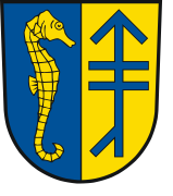 Some municipal coats of arms of Germany involve house marks, in this example the arms of Hiddensee, which show a house mark per pale alongside a sea-horse.