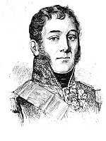 Black and white print of a clean-shaven man with long sideburns wearing a high-collared military uniform with lots of lace.