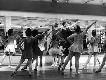 Ballet class of young girls wearing leotards and skirts in 2017