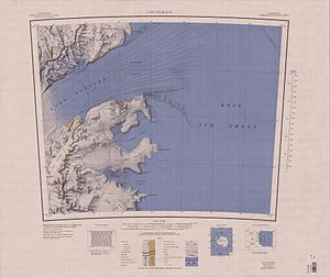 Topografische Karte mit dem Byrd-Gletscher und dem DeVries-Gletscher (links oben)