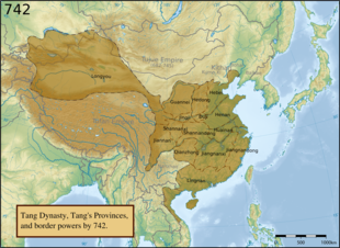 Geophysical map of East Asia, overlaid in brown with the extent of the Tang empire, and showing the extent and names of the provinces