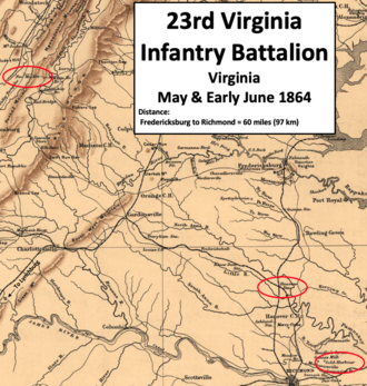 old map with troop positions including New Market in the Shenandoah Valley and Hanover Junction further east but north of Richmond