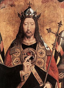A painting of Christ with a crown and a mantle closed with a circular broach featuring three round stones.