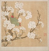 Parrot and insect among pear blossoms; by Huang Jucai; second half of the 13th century; ink and colour on silk; 27.6 × 27.6 cm; Museum of Fine Arts (Boston)
