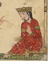 Kalila wa Dimna BNF Arabe 3465, folio 20v. King wearing the aqabā' turkī with uninscribed tiraz armbands.[9]